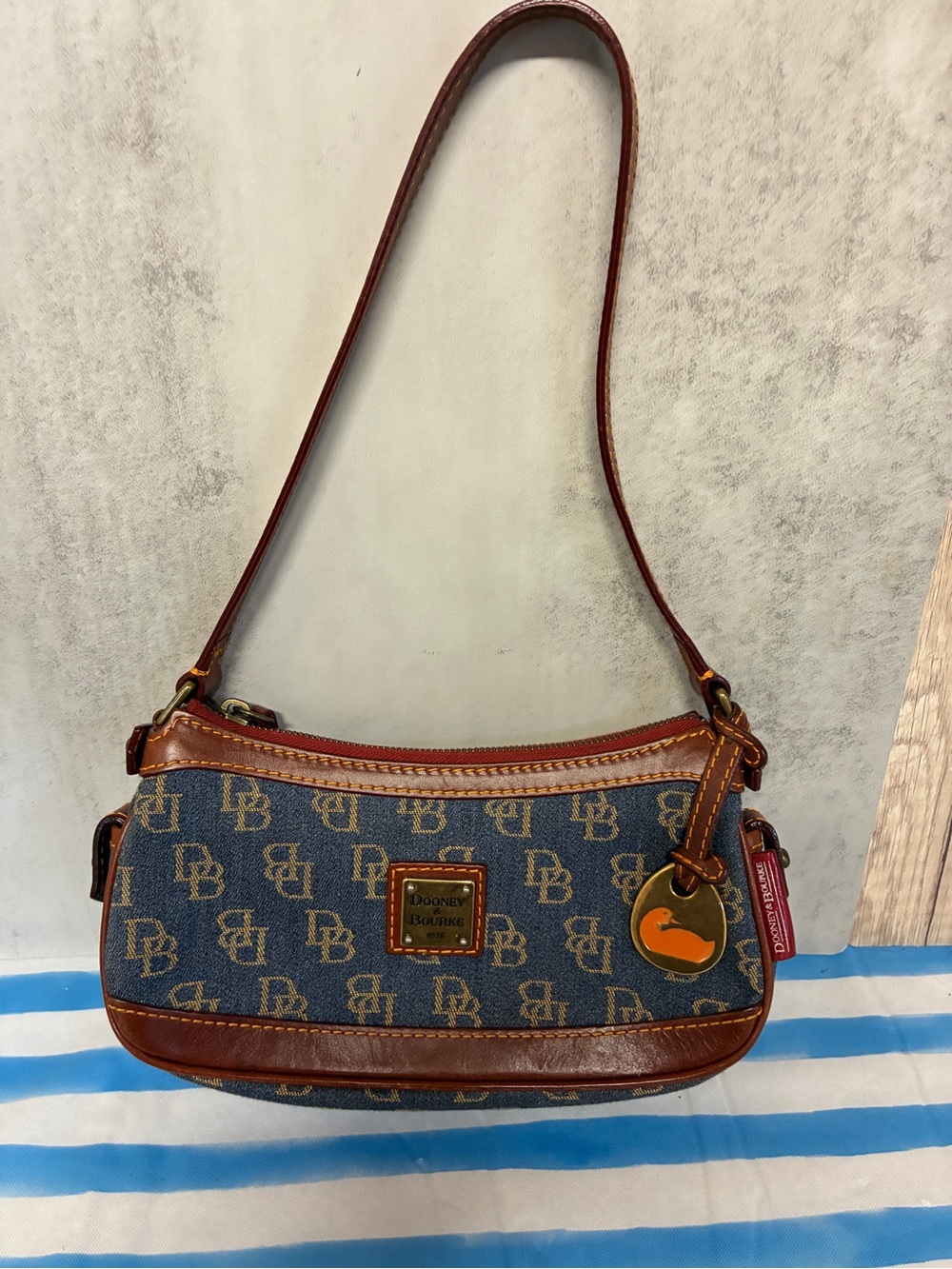 Dooney & Bourke Blue Logo Denim Shoulder Bag with Brown Leather Trim